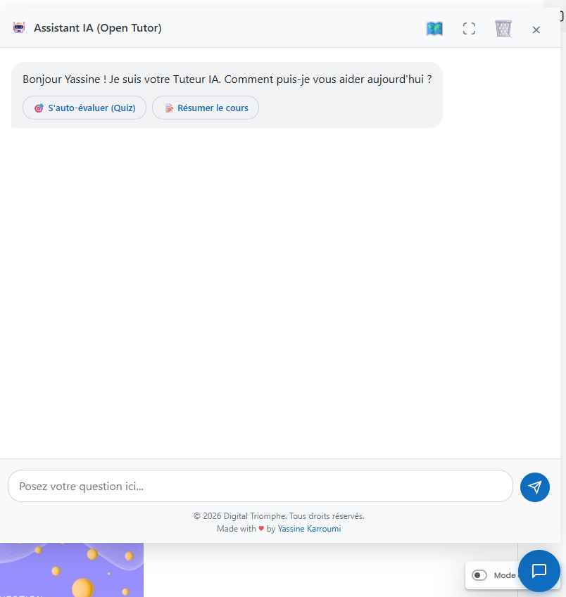 Capture du plugin NexAI — tuteur virtuel IA intégré à Moodle, chatbot contextuel par cours avec réponses personnalisées basées sur le contenu