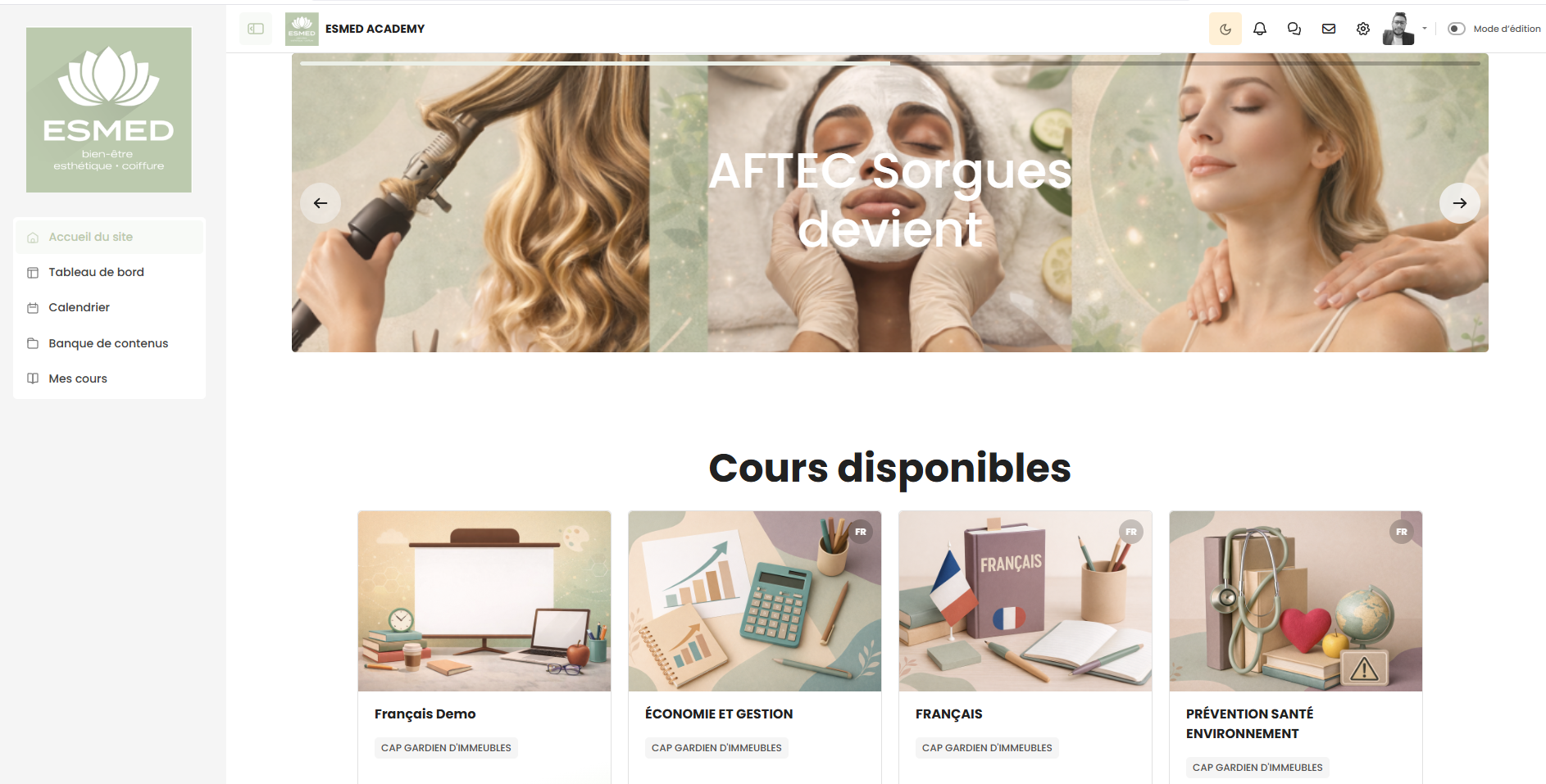 Capture de la page d'accueil apprenant de la plateforme Moodle personnalisée — thème sur mesure, catalogue de cours et navigation intuitive