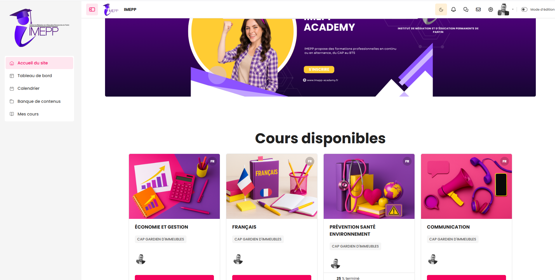 Page d'accueil de la plateforme Moodle IMEPP — thème personnalisé multi-filières avec catalogue de cours et navigation par catégorie