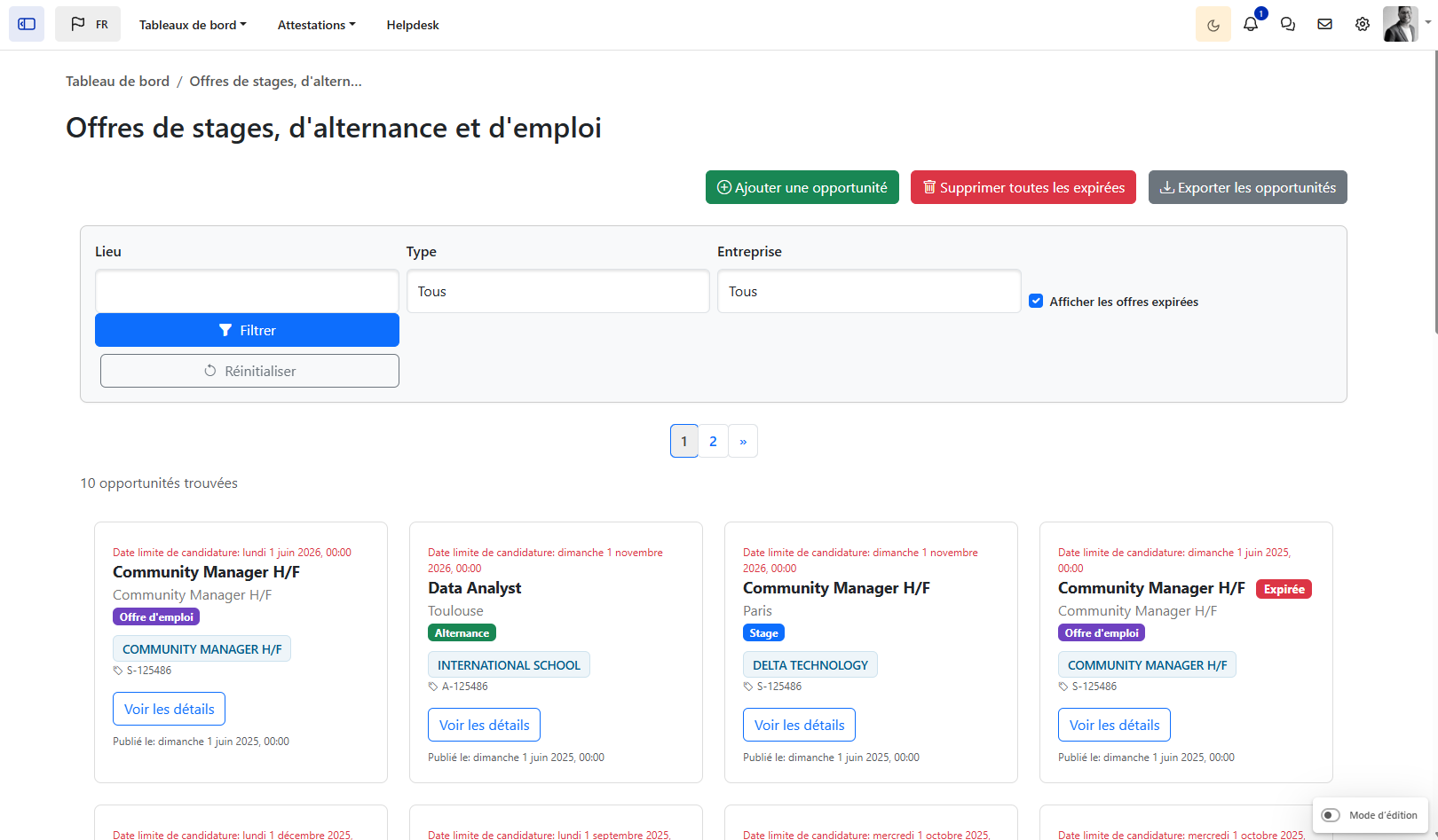 Capture du plugin Opportunités Moodle — interface de gestion des offres de stages, alternances et emplois avec filtres dynamiques
